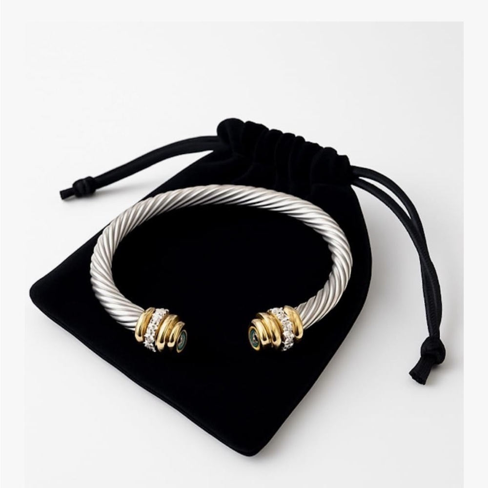 Sculptural Cable Cuff Bracelet — Two-Tone Gold & Silver Crystal Torque Bangle